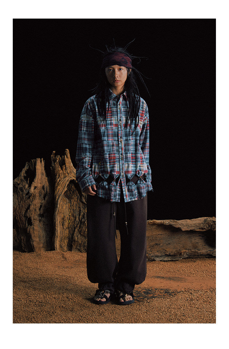 Patchwork Checkered Cut-Out Shirt