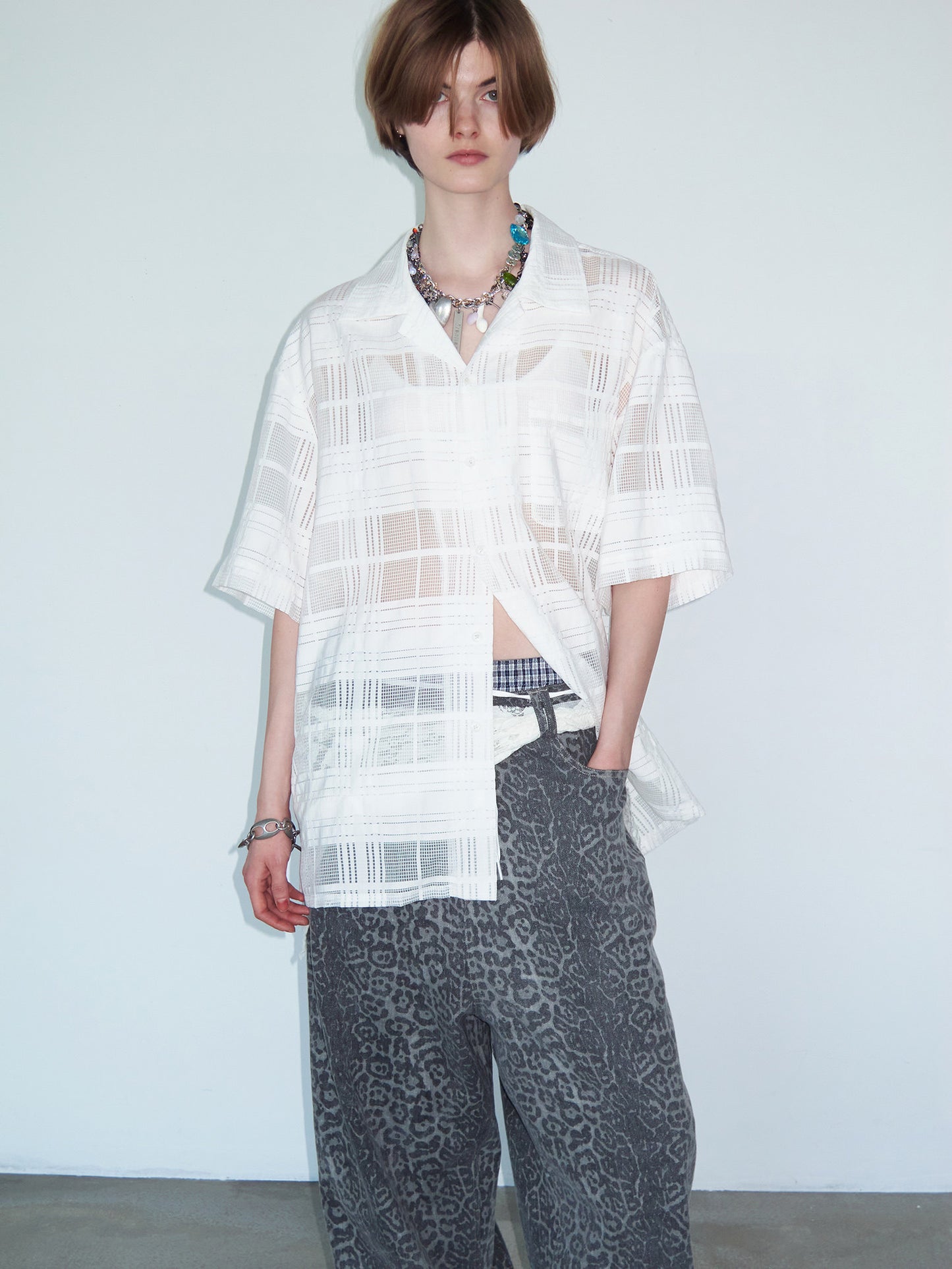 Checkered Cutout Cuban-Collar Shirt
