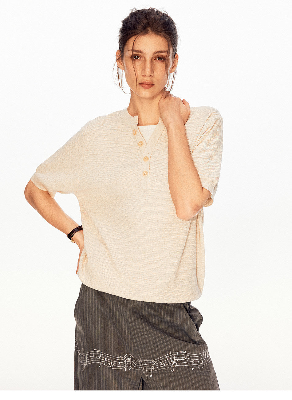 Solid-Color Faux Two-Piece Knit Shirt
