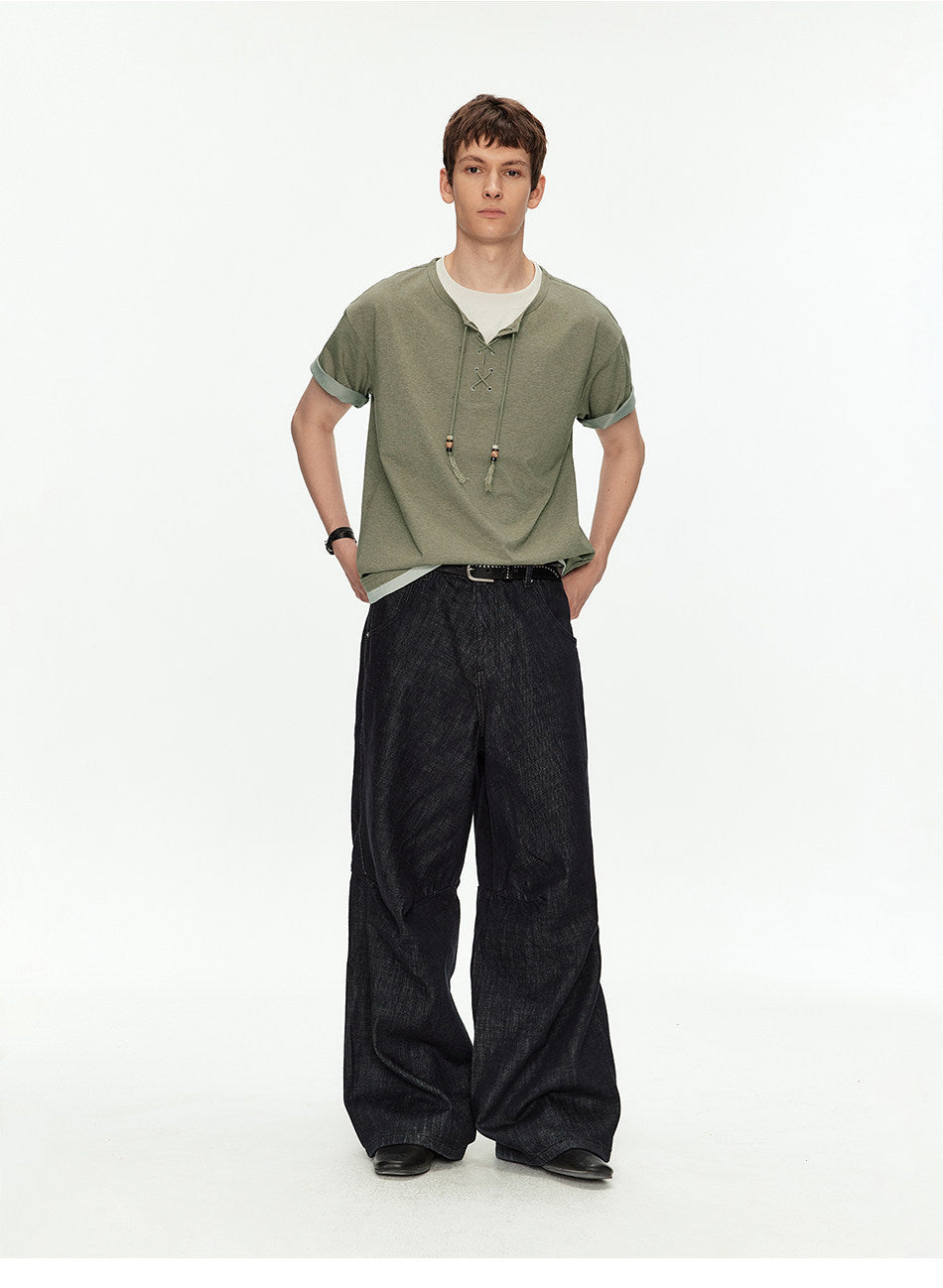 Off-Shoulder Fake Two-Piece T-Shirt with Beads