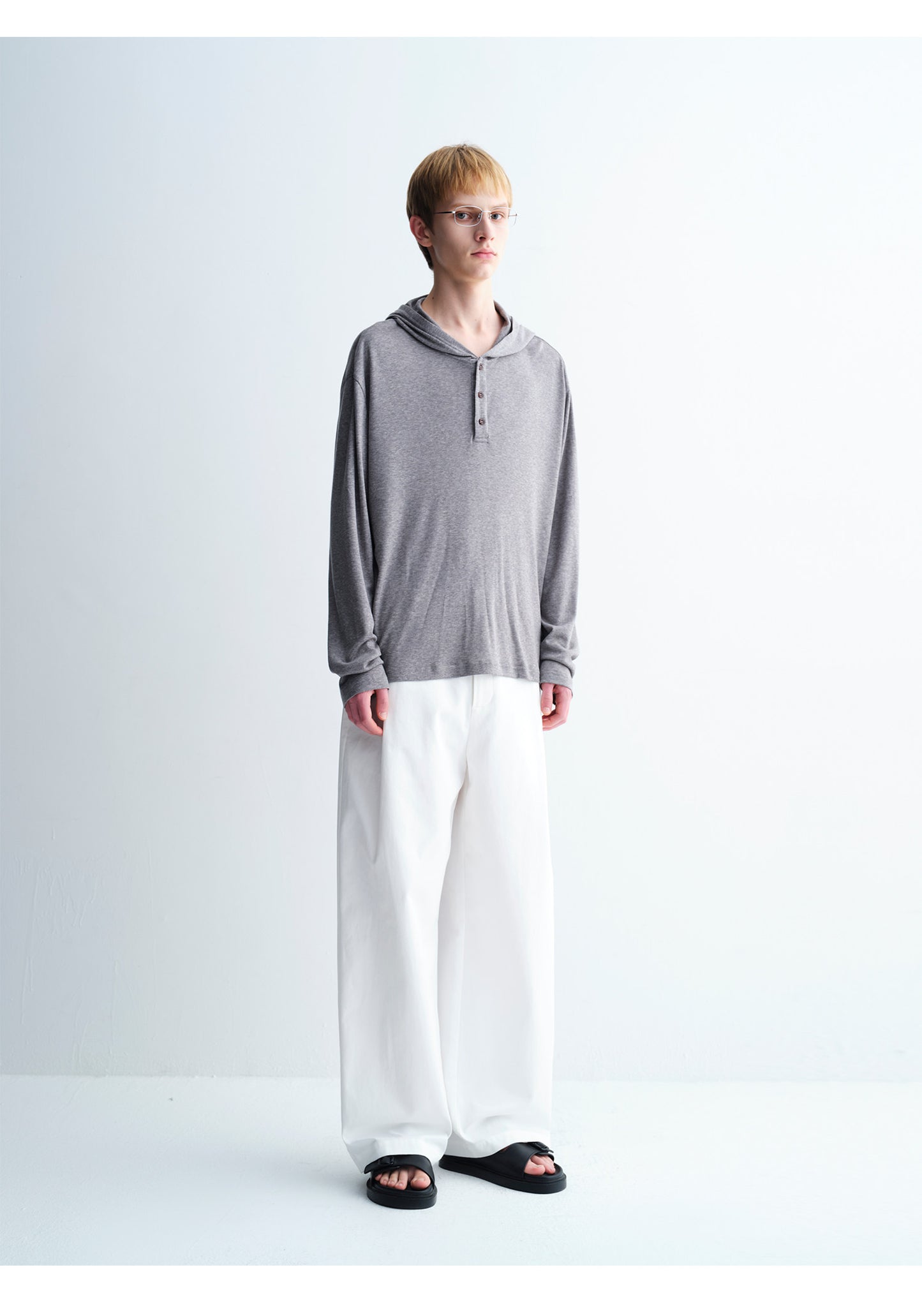 Drape Hooded Henley Collar T-Shirt