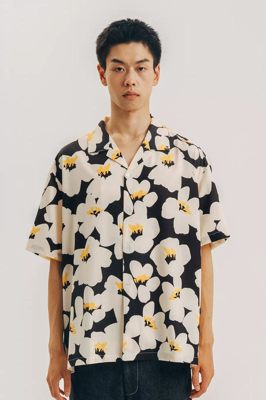 Floral print Cuban collar short sleeve shirt