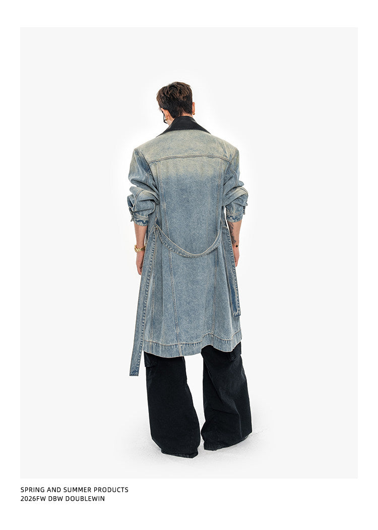 Leather Patchwork Lapel Denim Trench Coat