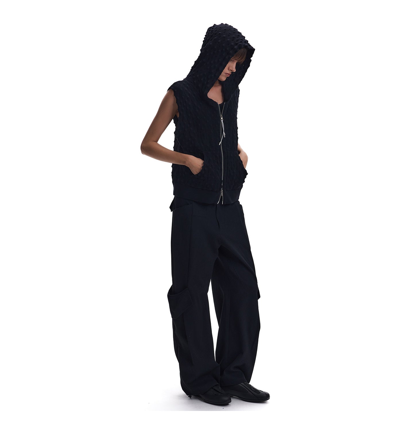 Waffle-Textured Pleated Casual Pants
