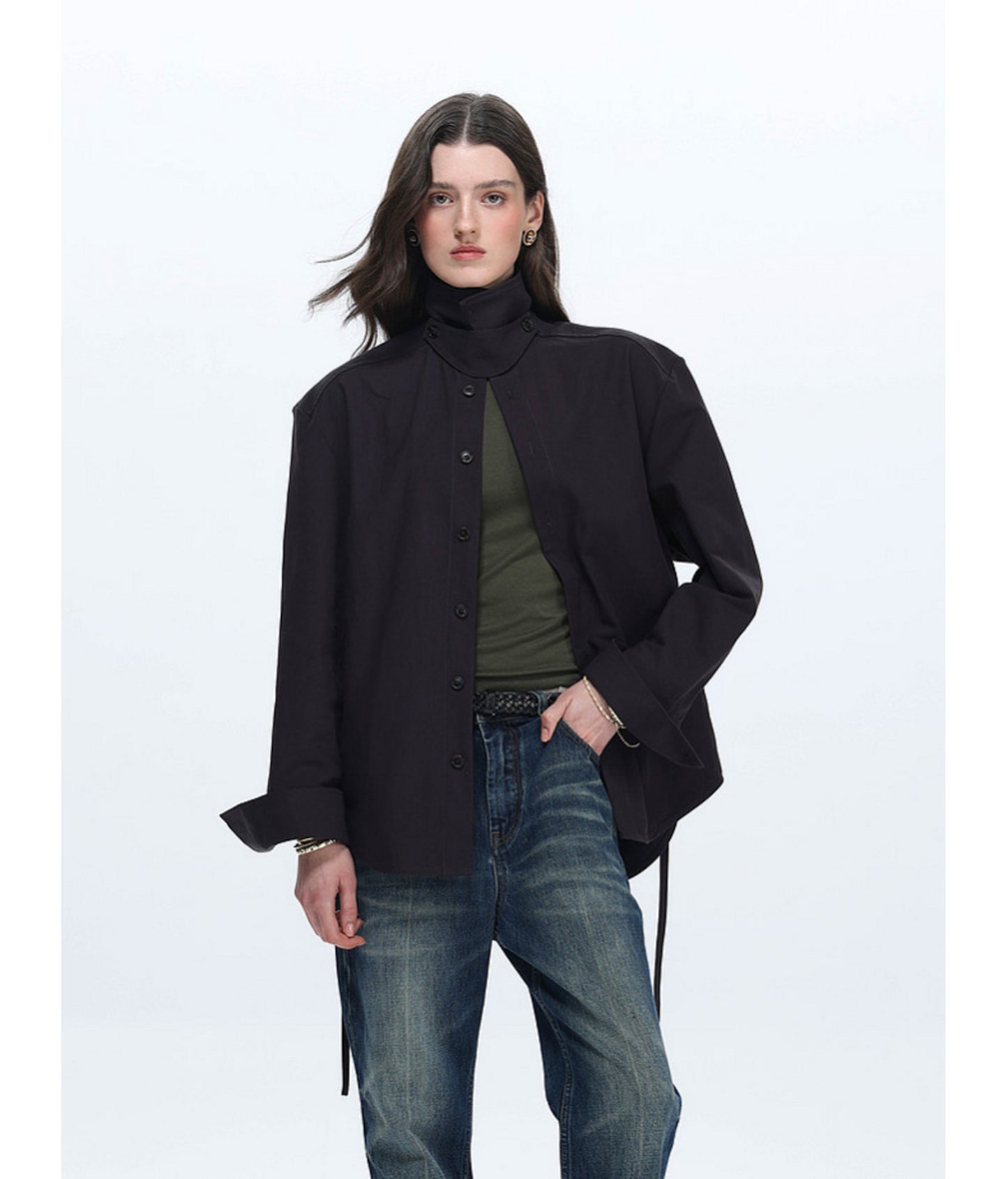 Shirt with Stand-Up Collar and Panel Design