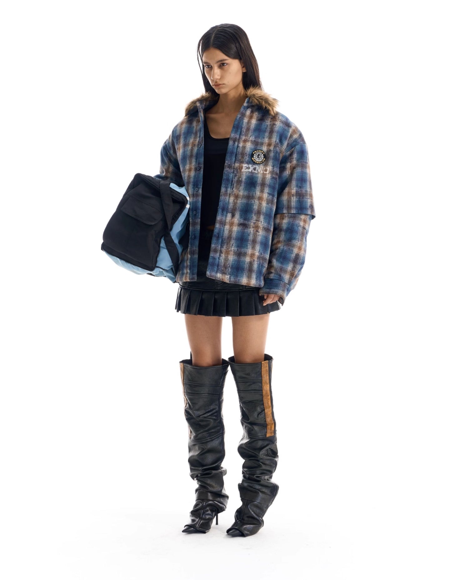 Fake Two-Piece Embroidered Check Shirt