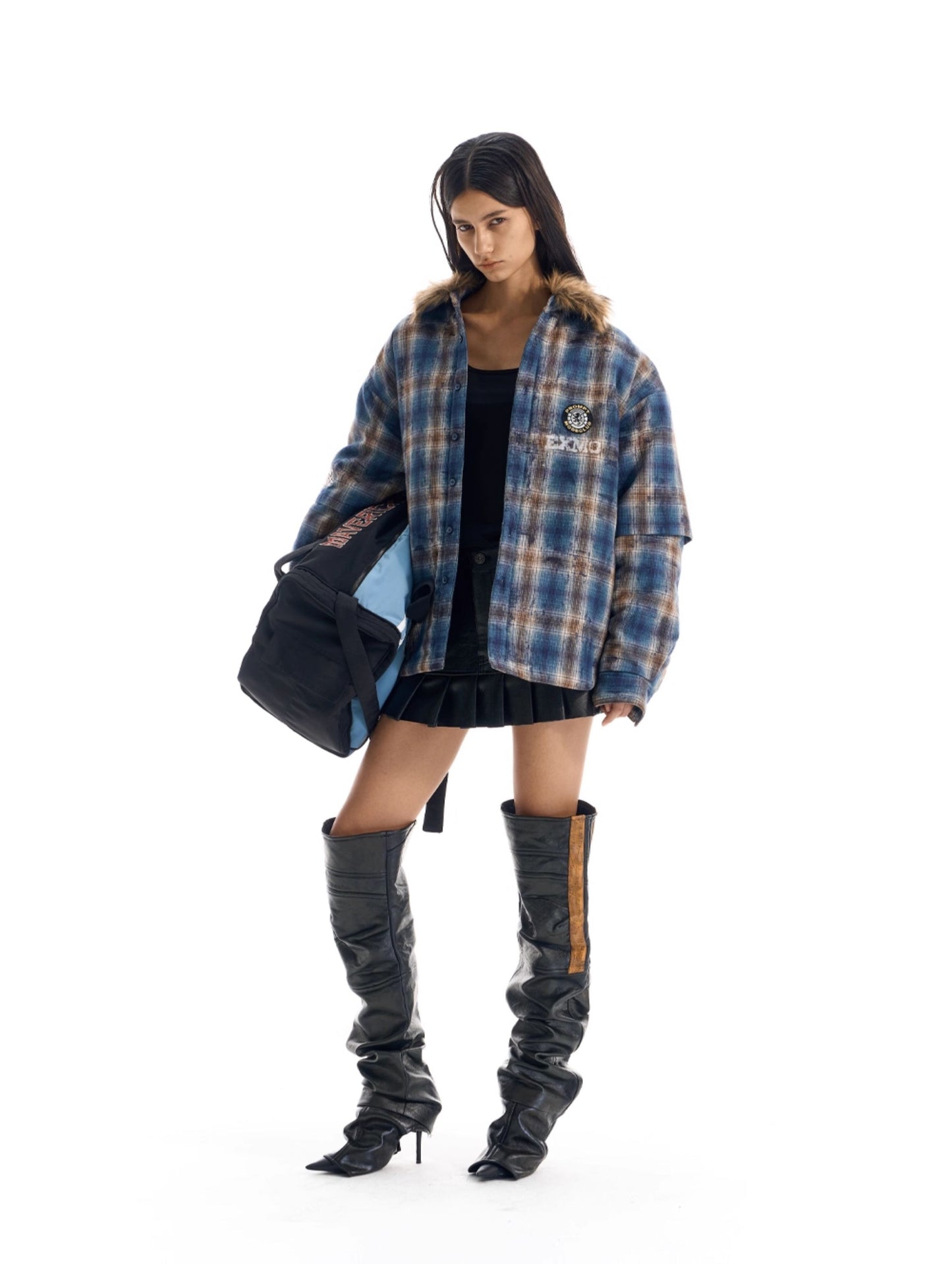 Fake Two-Piece Embroidered Check Shirt