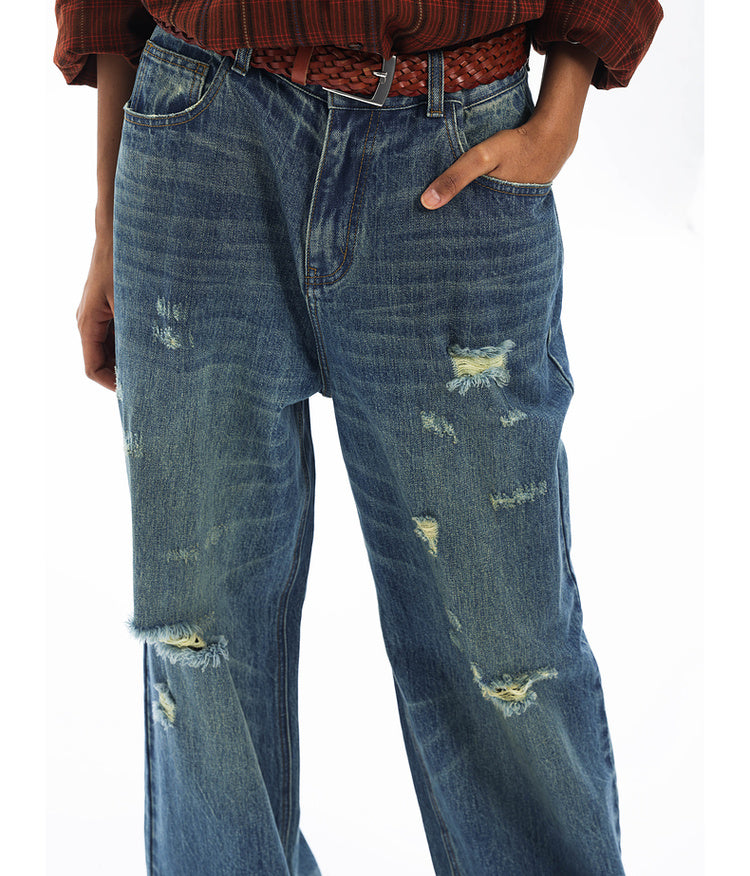 Washed Damaged Loose Casual Denim Pants