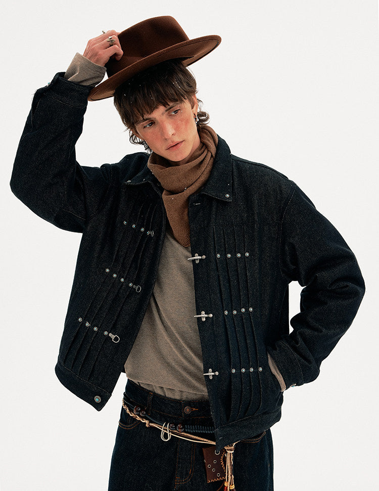 Pleated Airplane Button Denim Jacket