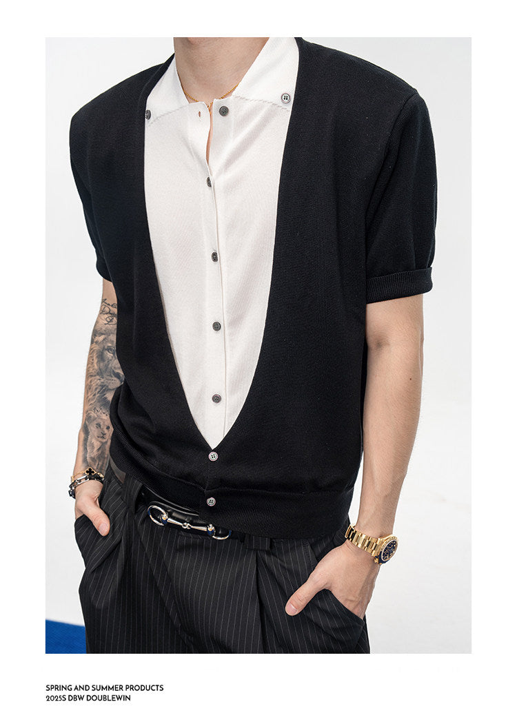 Contrast Fake Two-Piece Knit Shirt