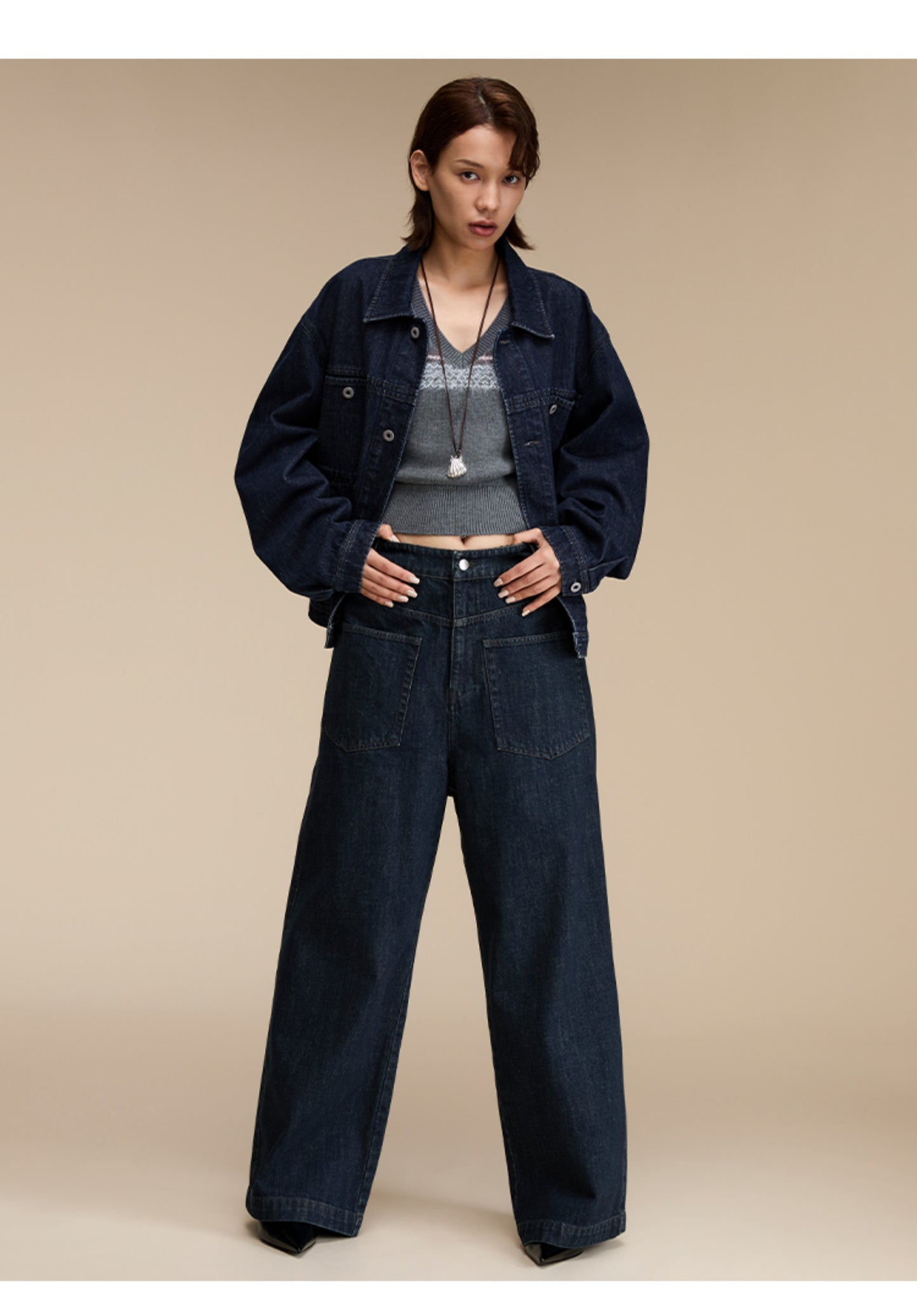 Patch pocket wide leg casual jeans