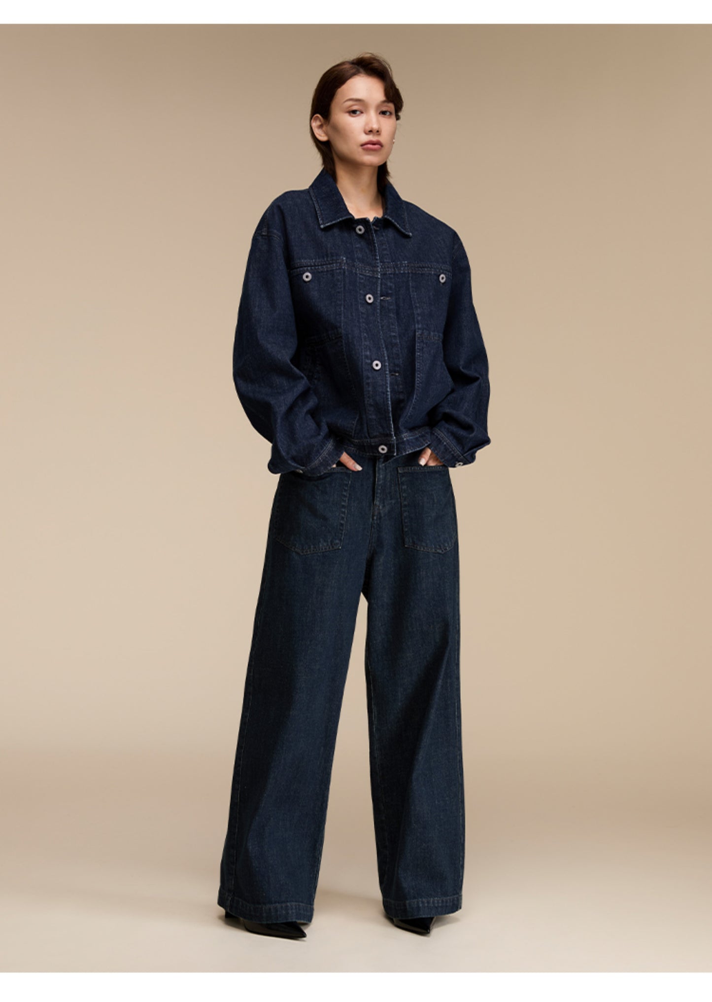 Patch pocket wide leg casual jeans