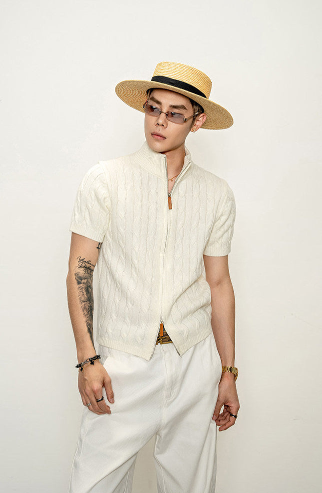 High-neck cable-knit shirt