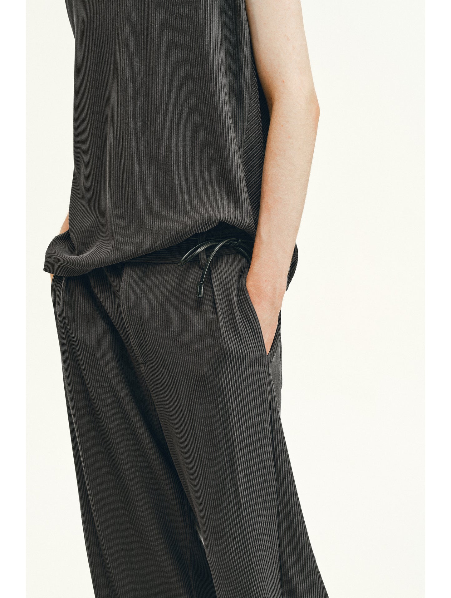 Vertical Stripe Textured Casual Pants Set