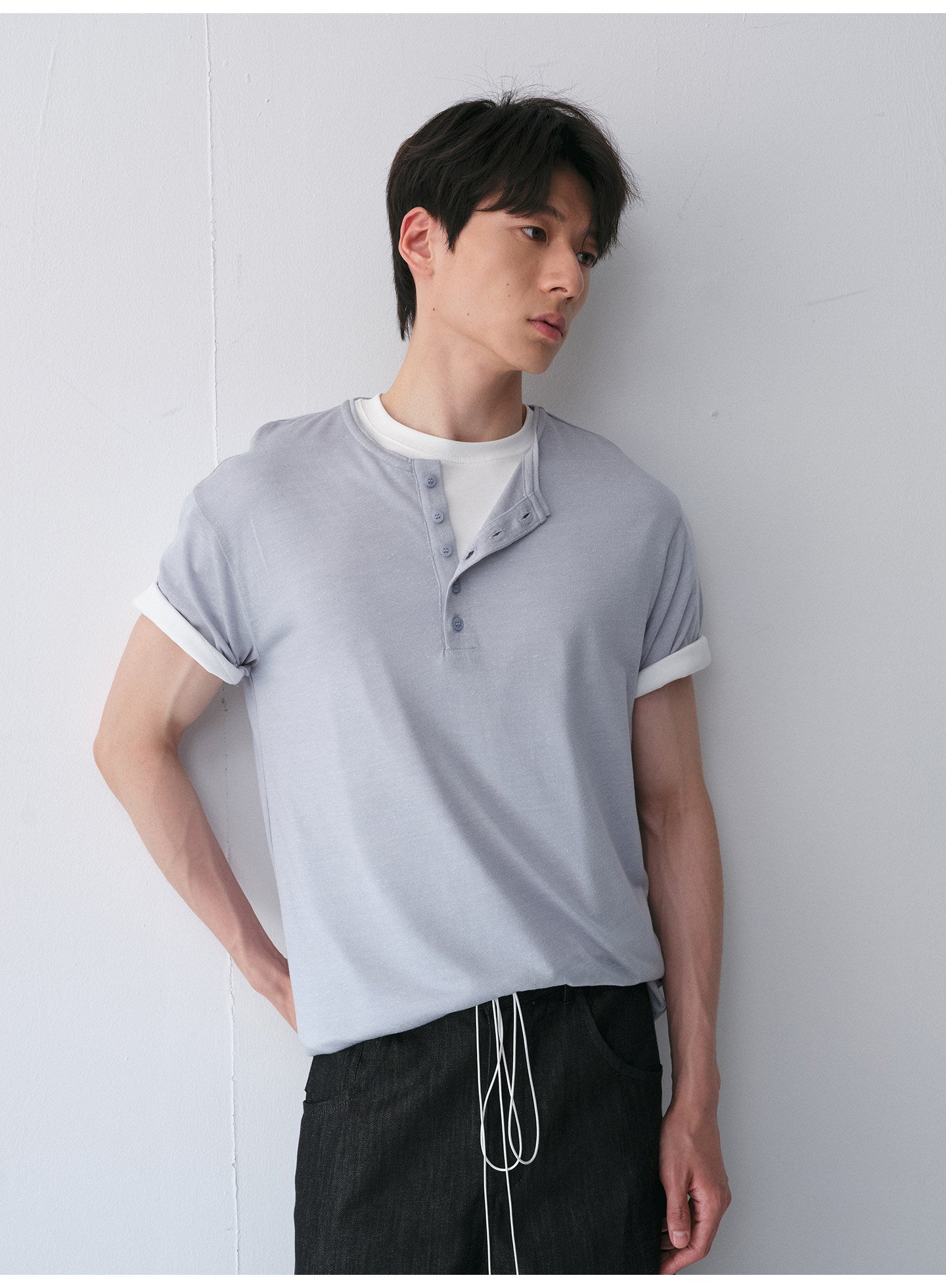 Henry-Collar Drop-Shoulder T-Shirt