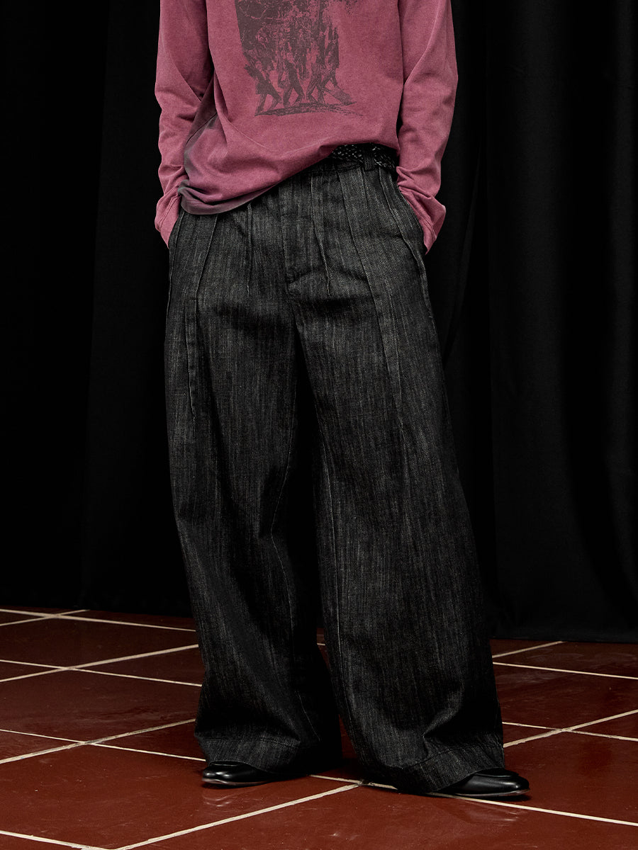 Wide Leg Multi-Pleated Denim Pants