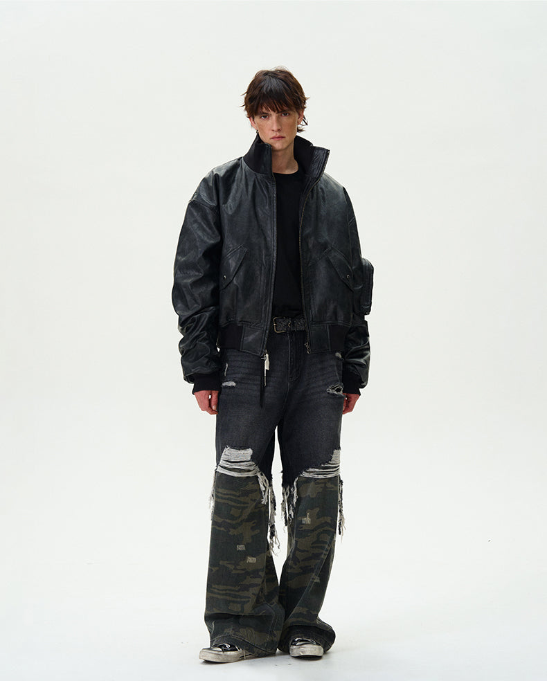 Washed Bomber PU Leather Jacket