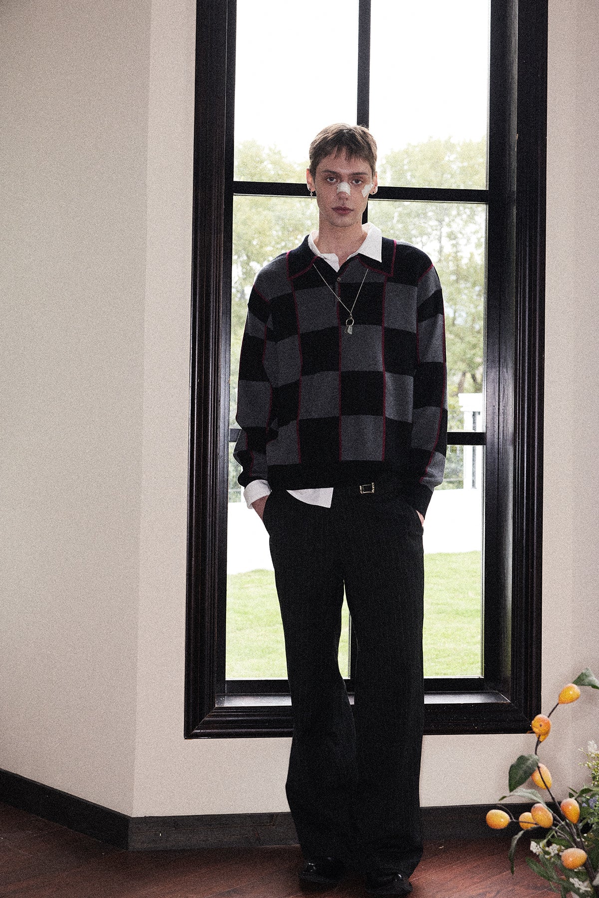 Wool lapel checkered polo shirt