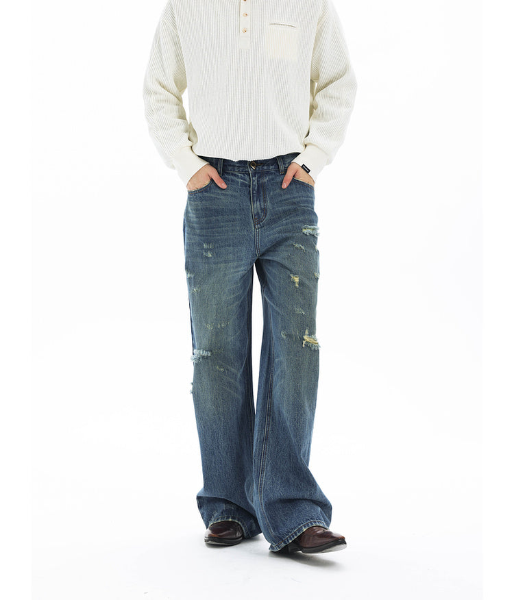 Washed Damaged Loose Casual Denim Pants