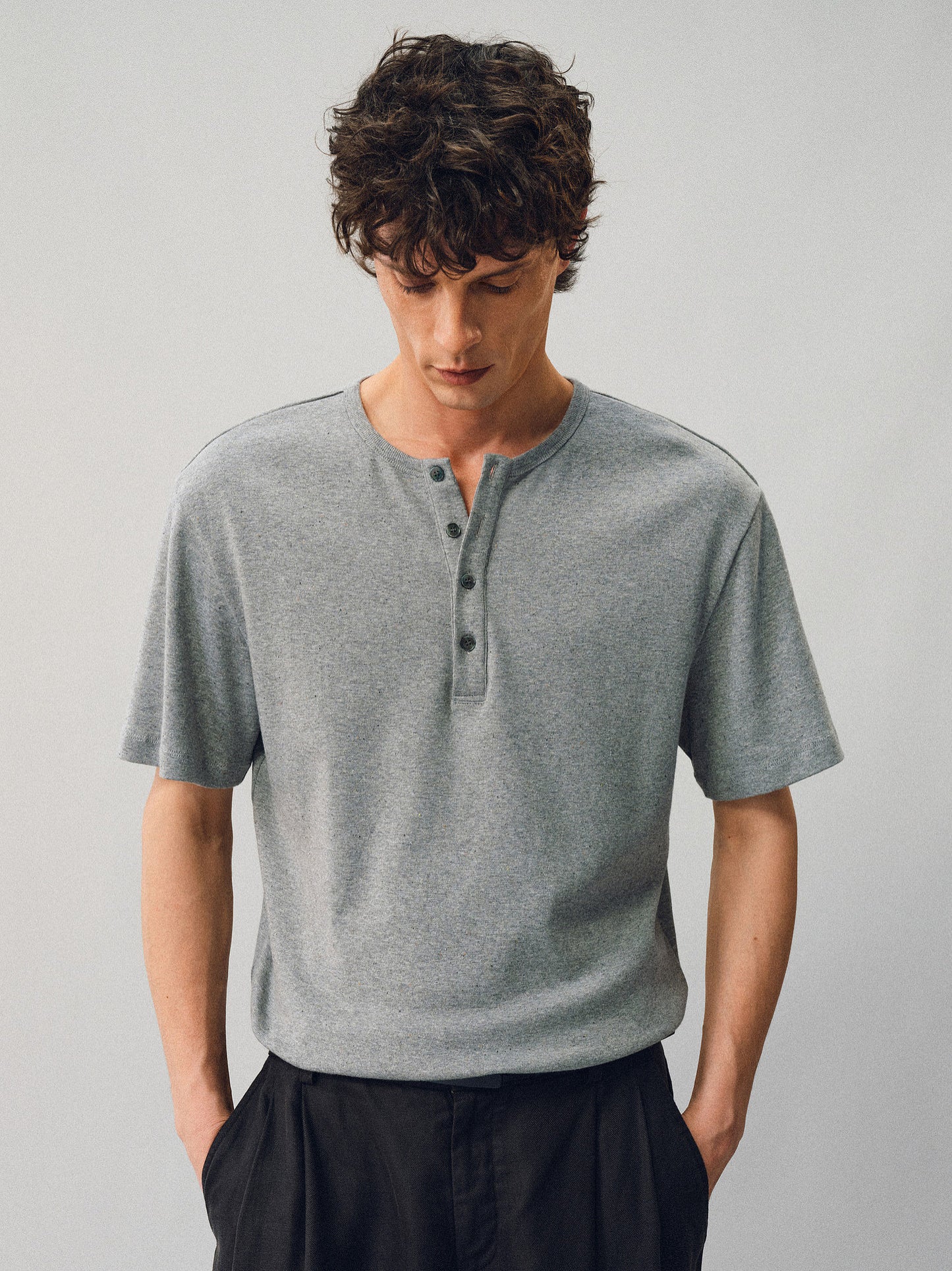 Henley-Collared Button-Down T-Shirt