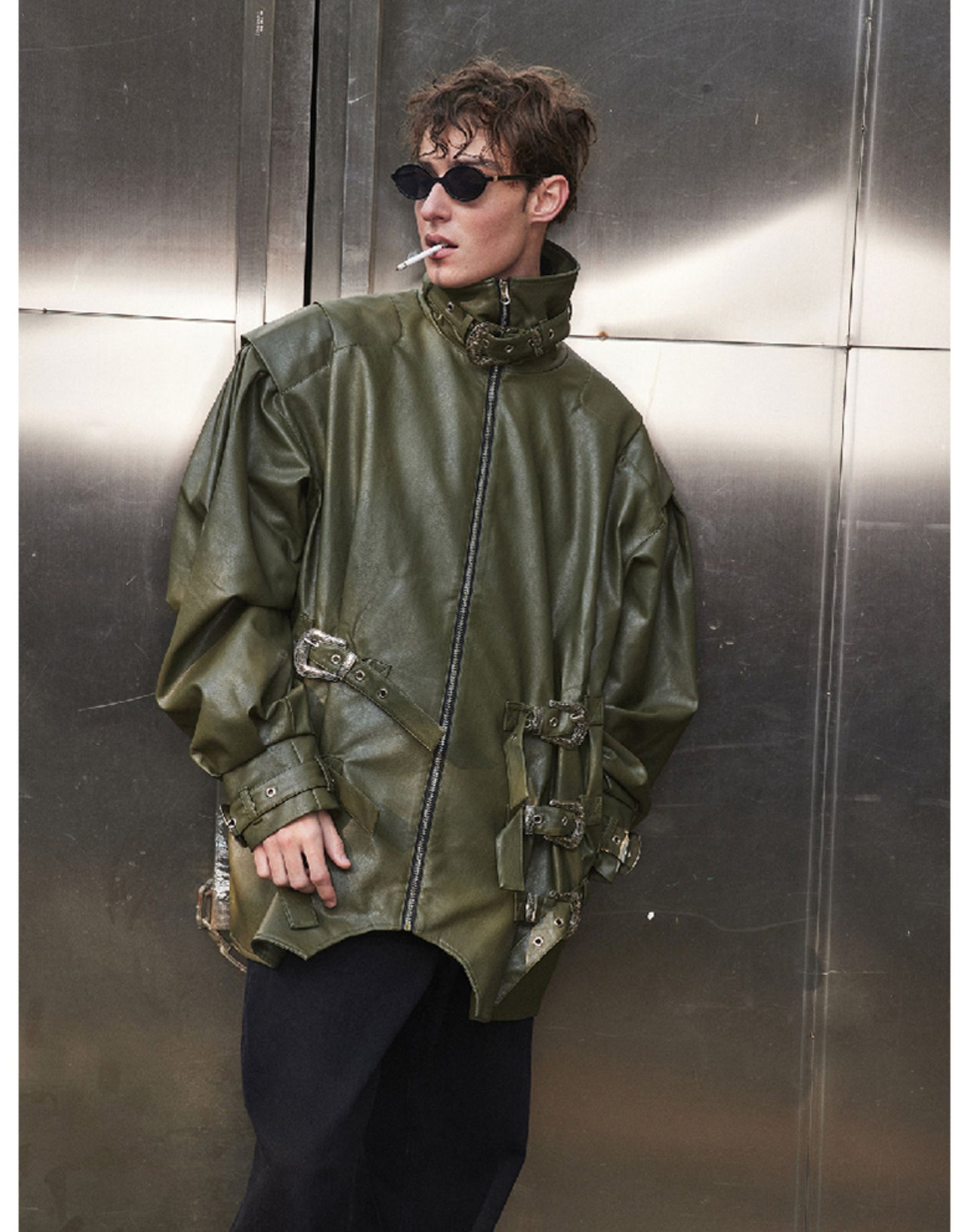 Metal Buckle Loose Leather Jacket