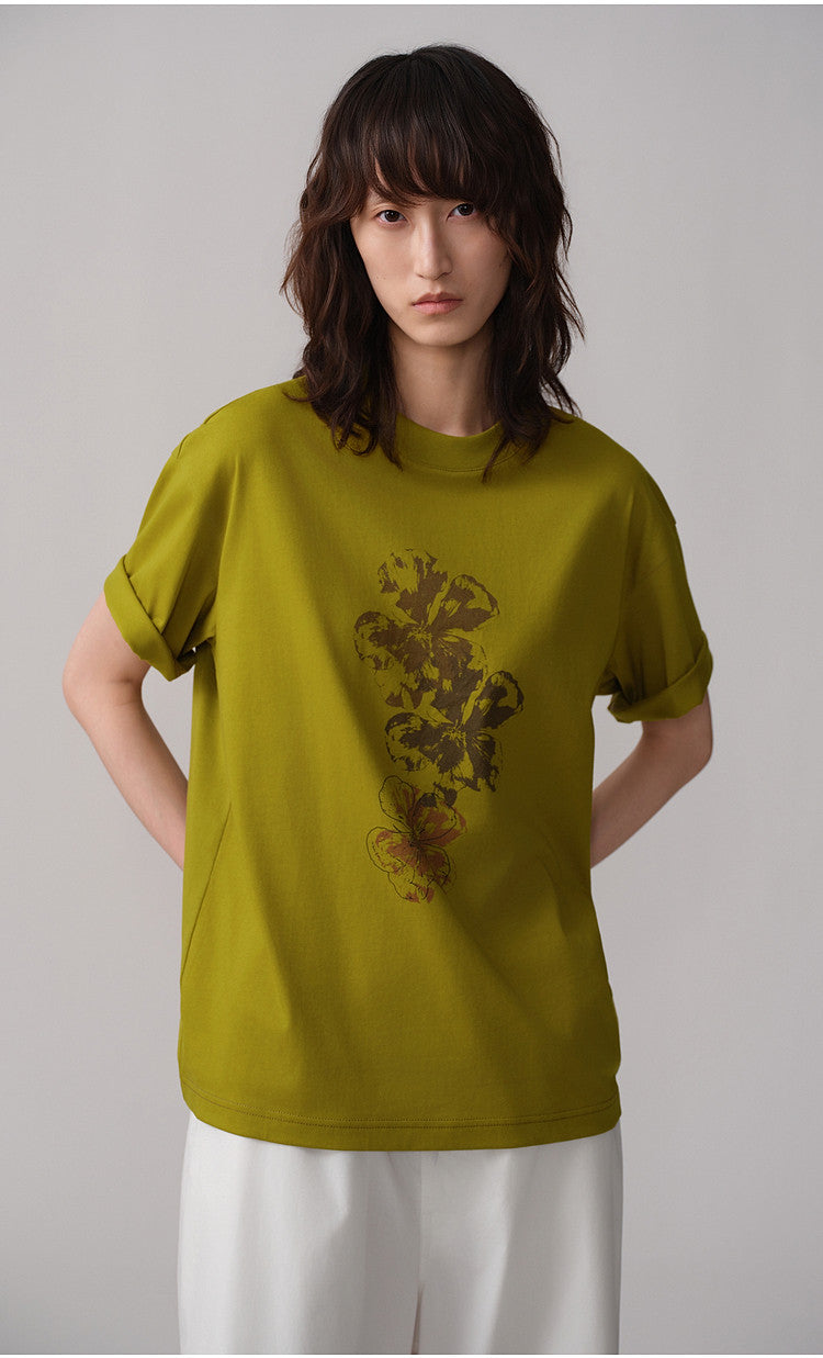 Round-Neck Ribbed Collar Drop-Shoulder T-Shirt