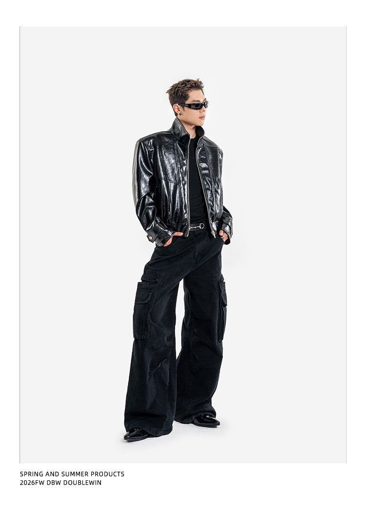 Short Biker Jacket with Stand-Up Collar