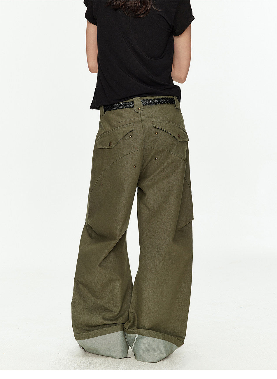 Wide-Leg Workwear Pants with Checkered Pockets