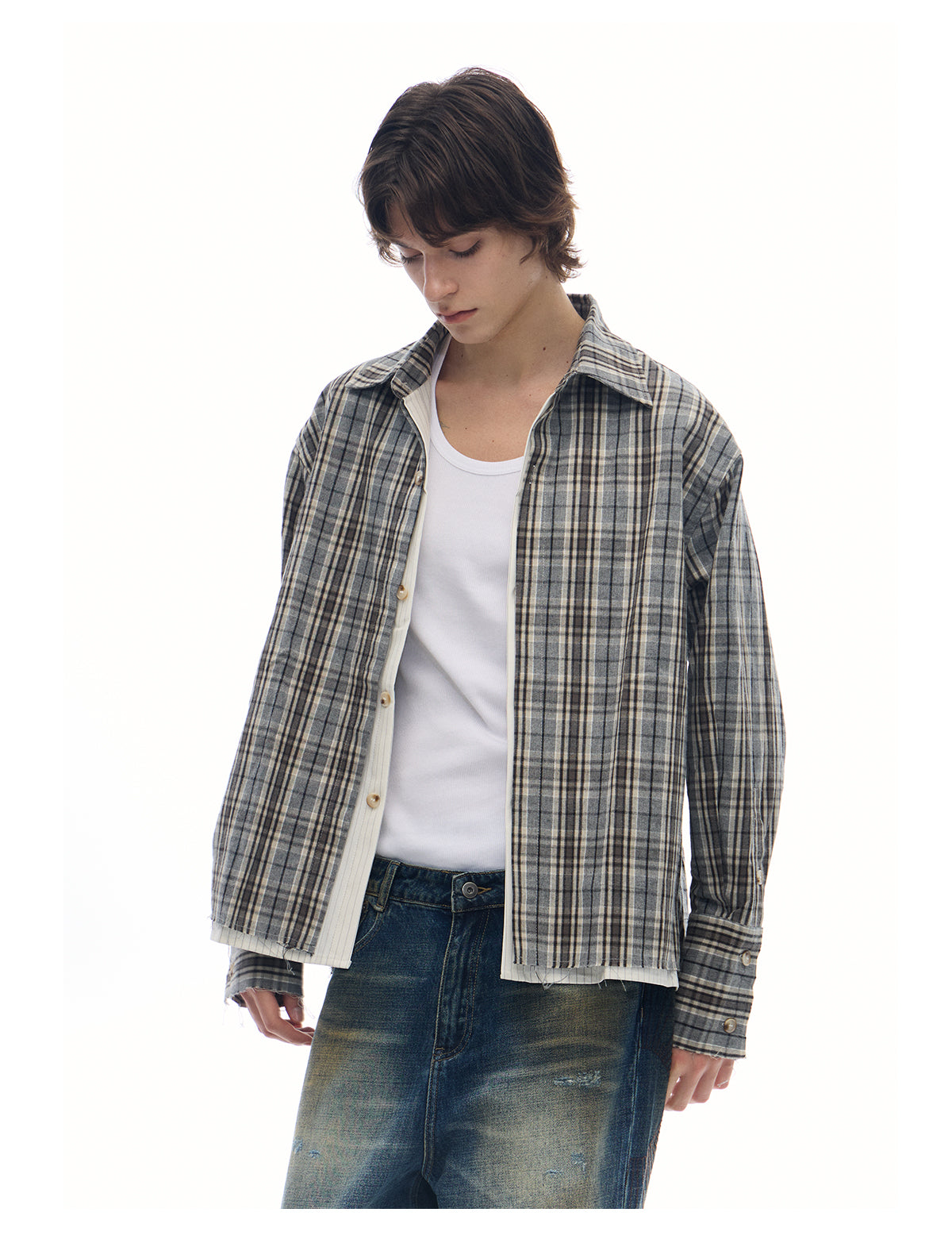 Faux Two-piece Check Blend Shirt