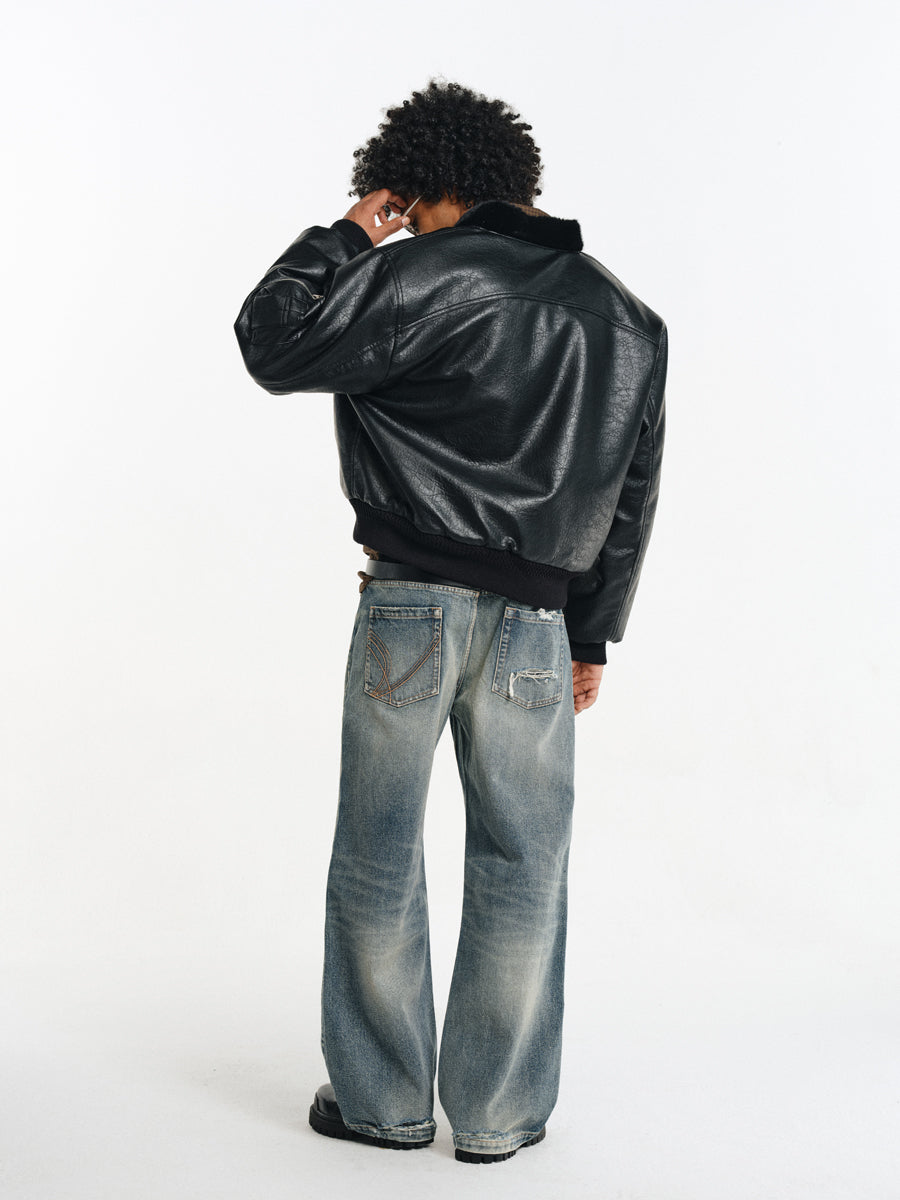 Stand collar faux leather jacket