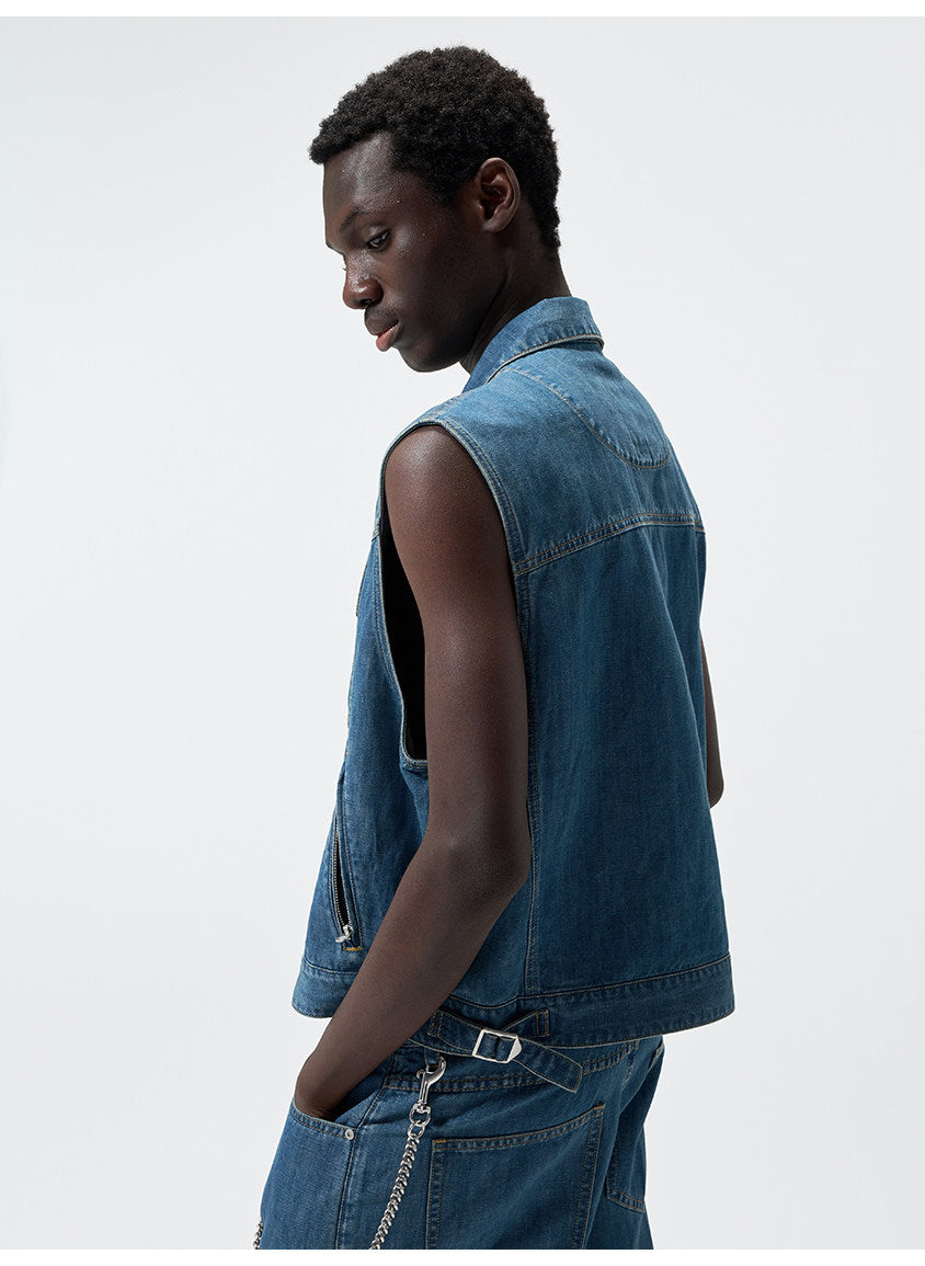 Cuban-Collar Short Denim Vest