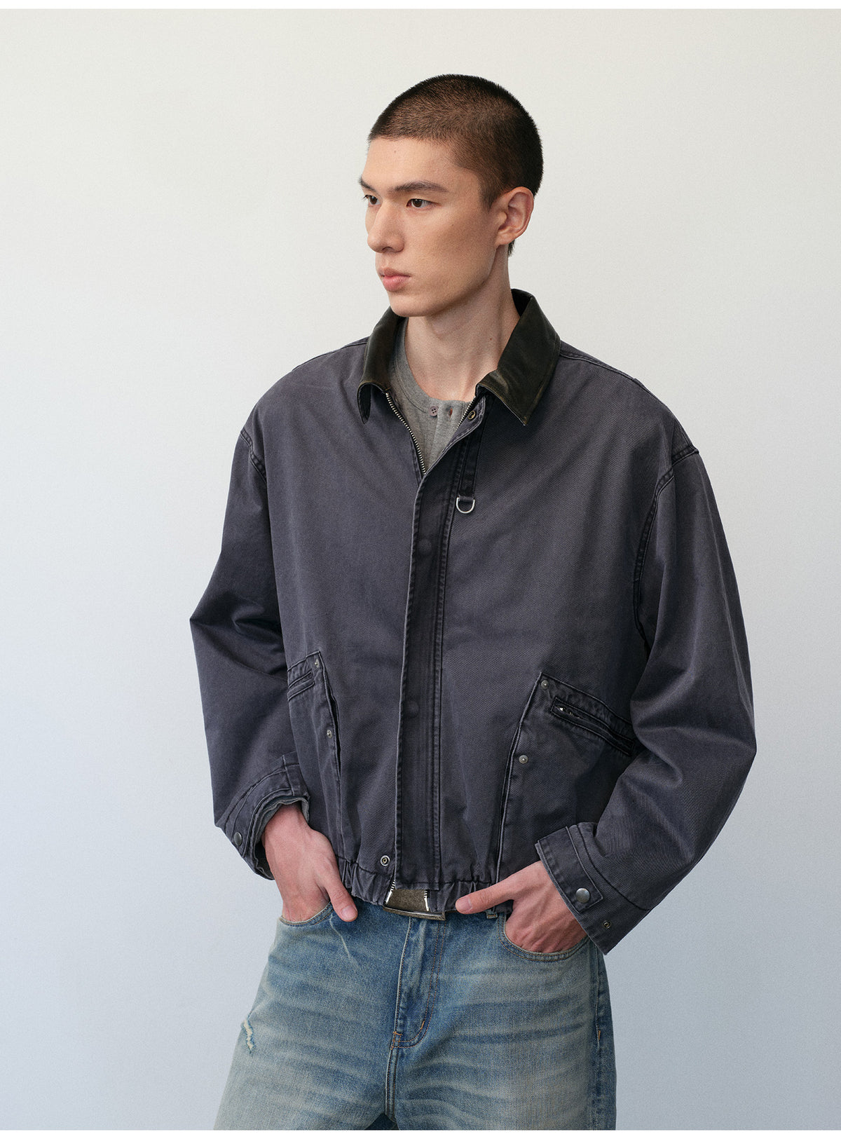 Distressed Leather Color-Block Work Jacket