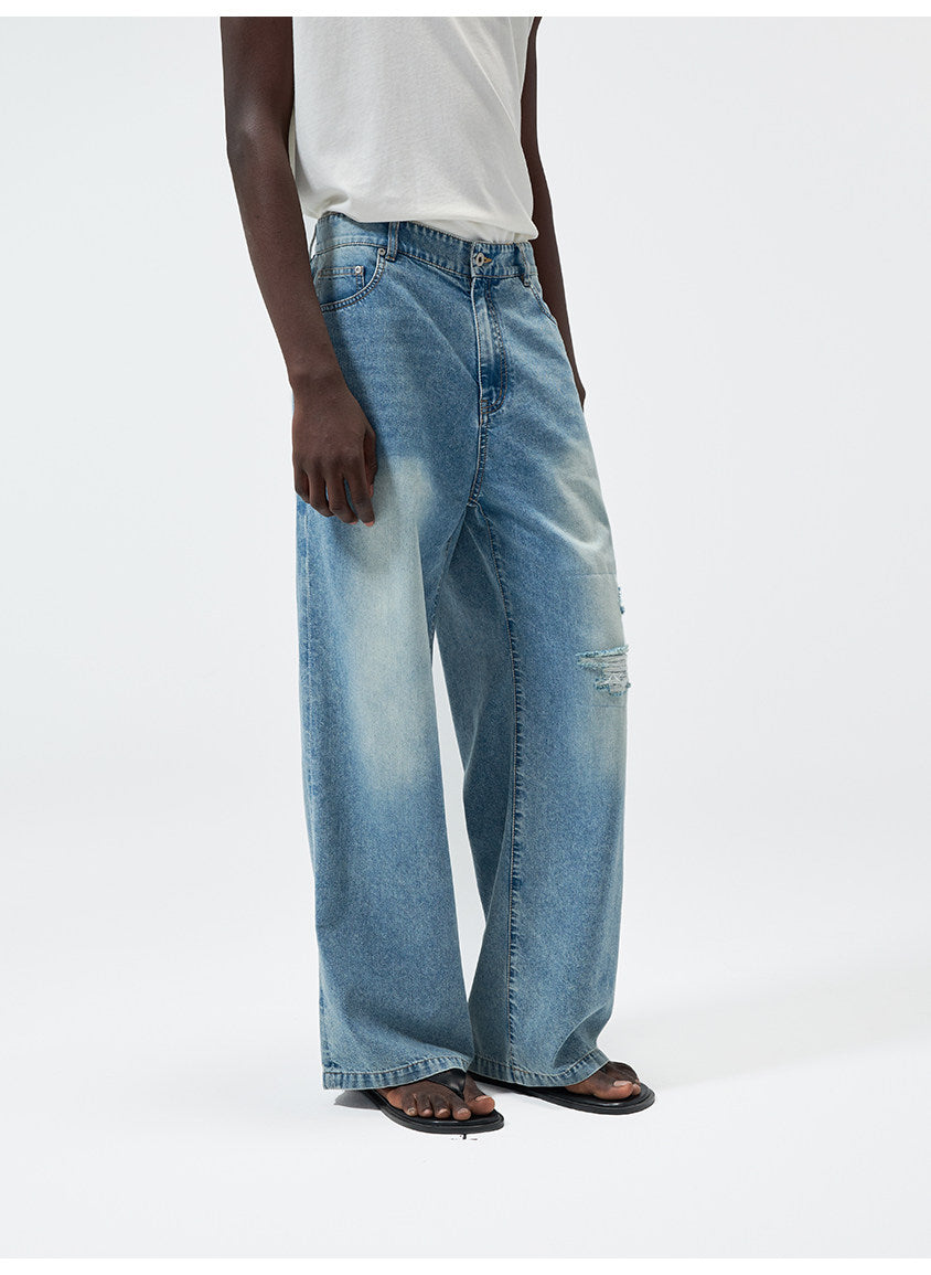 Water-Washed Straight-Leg Lightweight Denim Pants