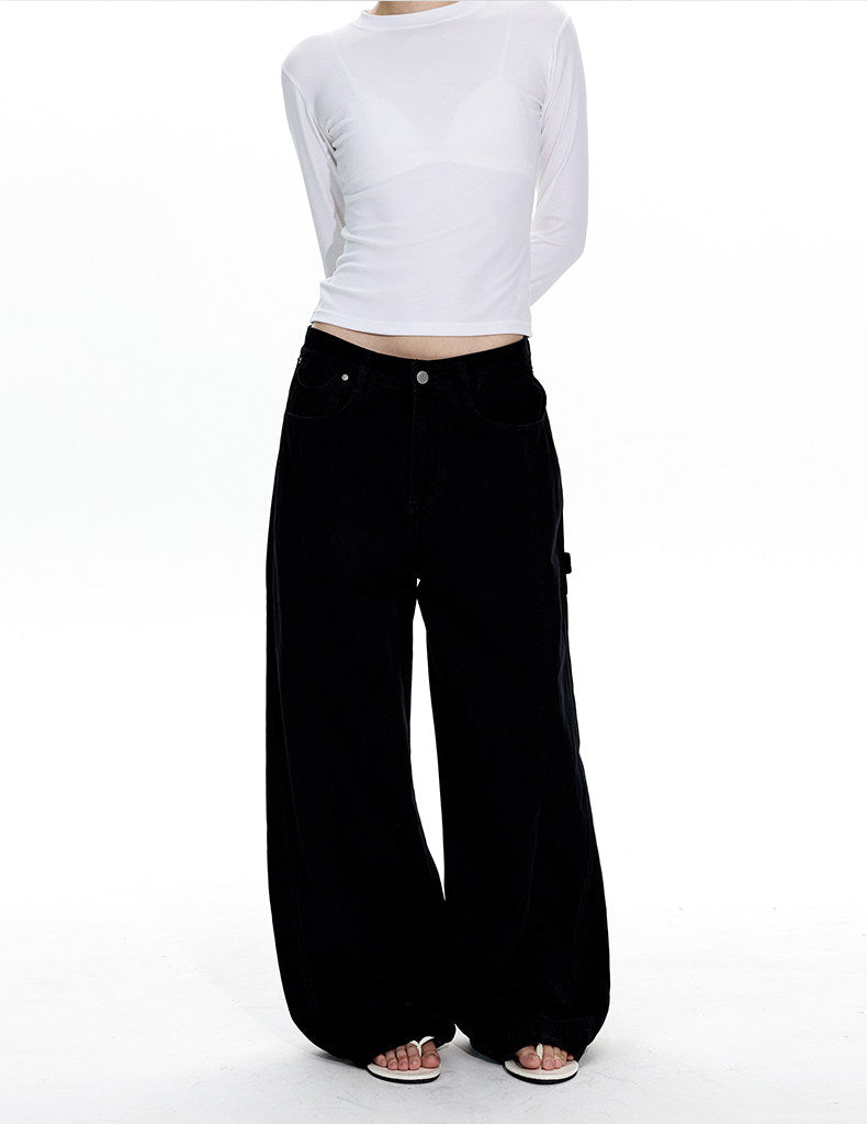 Wash-processed distressed loose denim pants