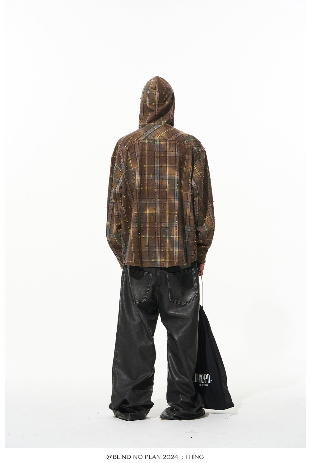 Gradient Damaged Checked Hooded Shirt