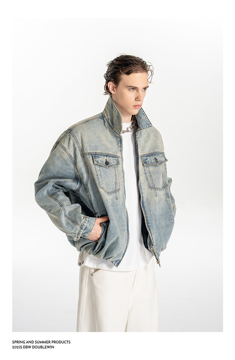 Wide-Shoulder Washed Denim Jacket
