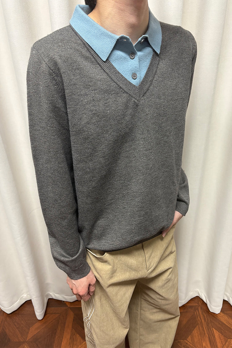 Faux Two-Piece Polo Collar Sweater