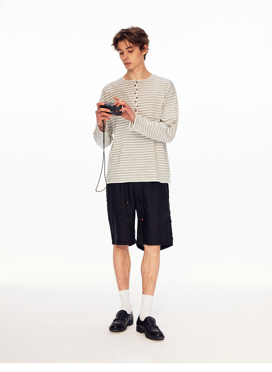 Henry-Collar Linen Striped T-Shirt