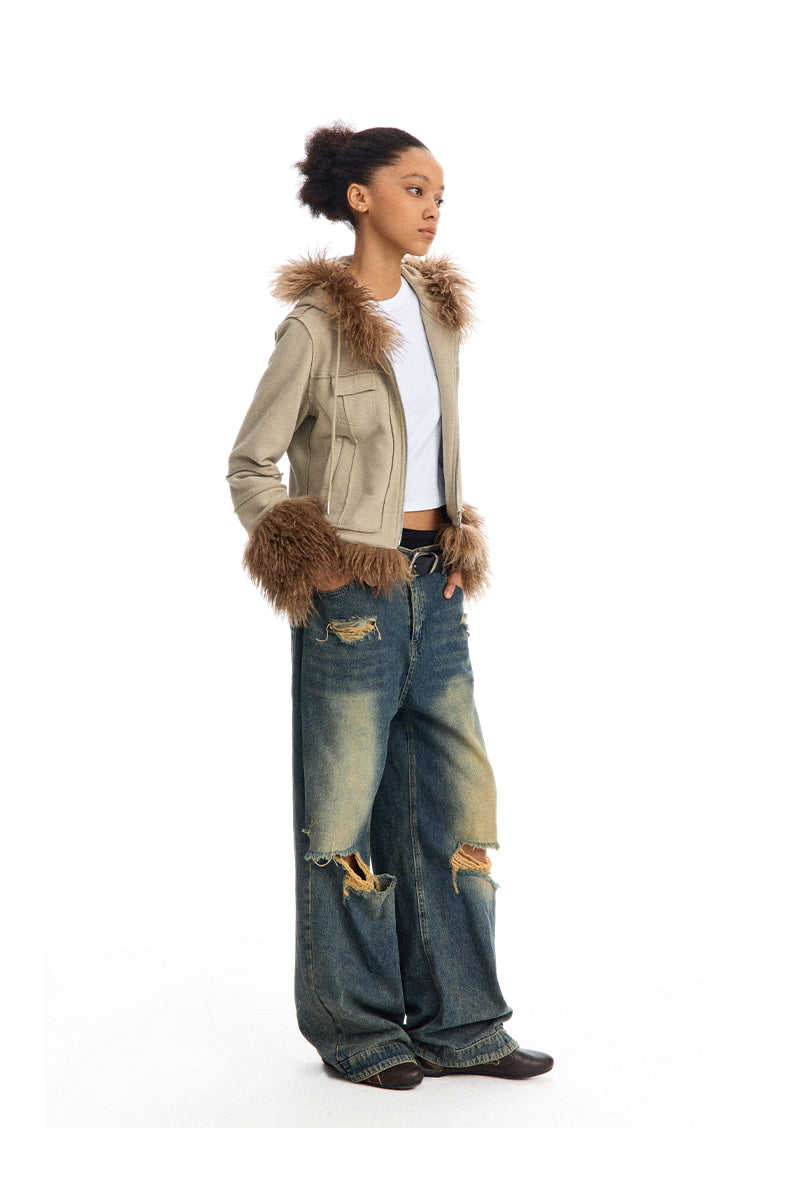 Short fur zipper jacket