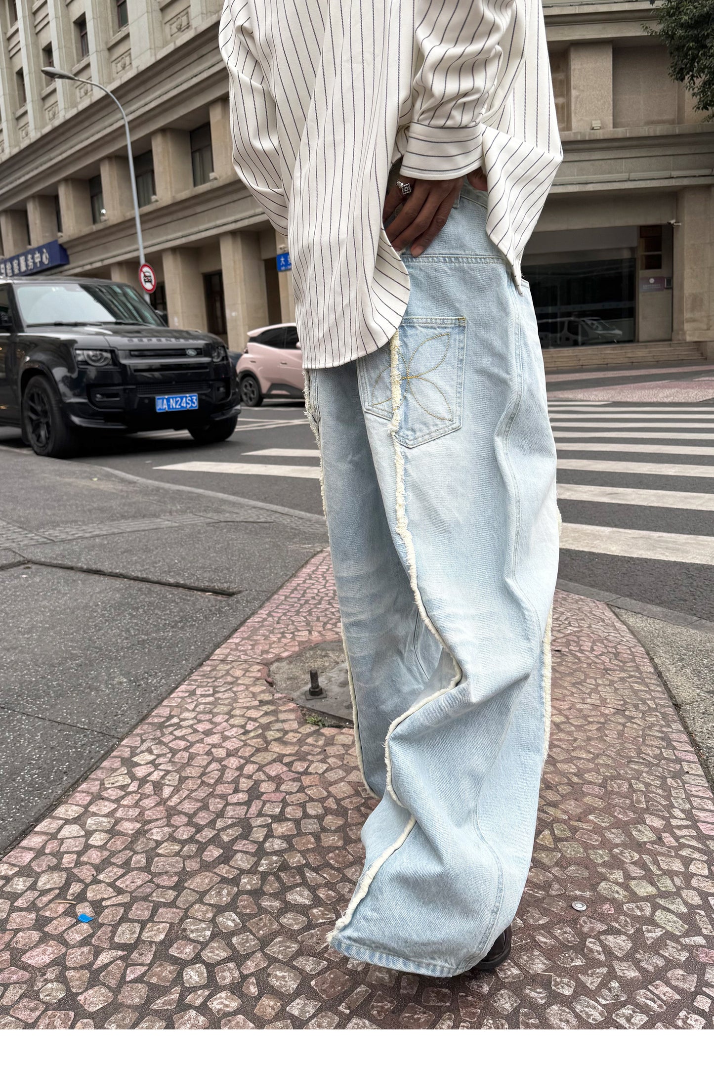 Wash-treated Patchwork Denim Pants