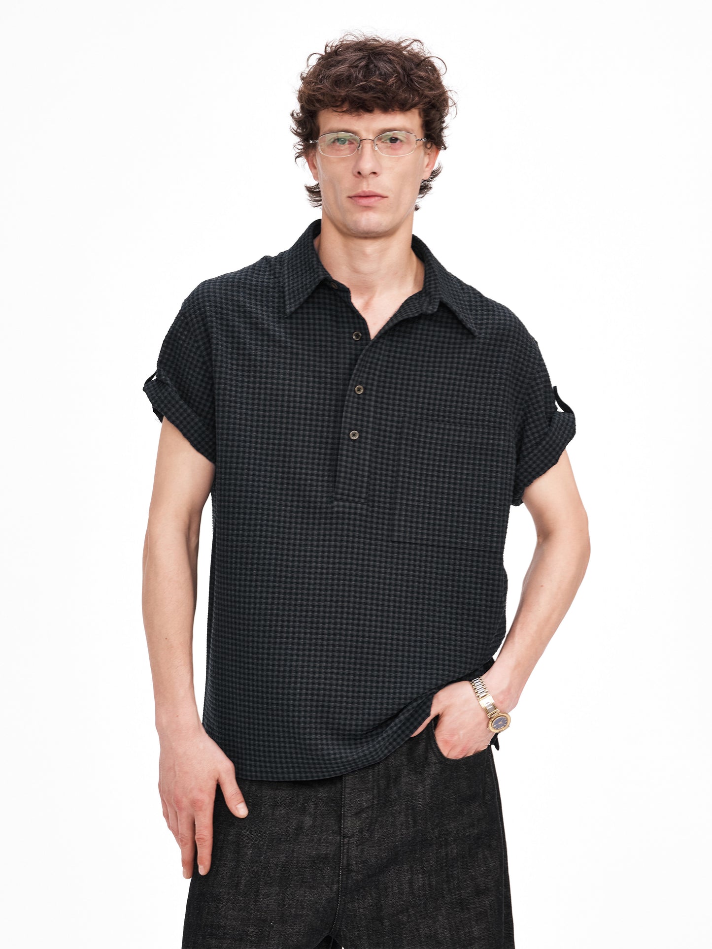 Half-Button Bubble Check Shirt