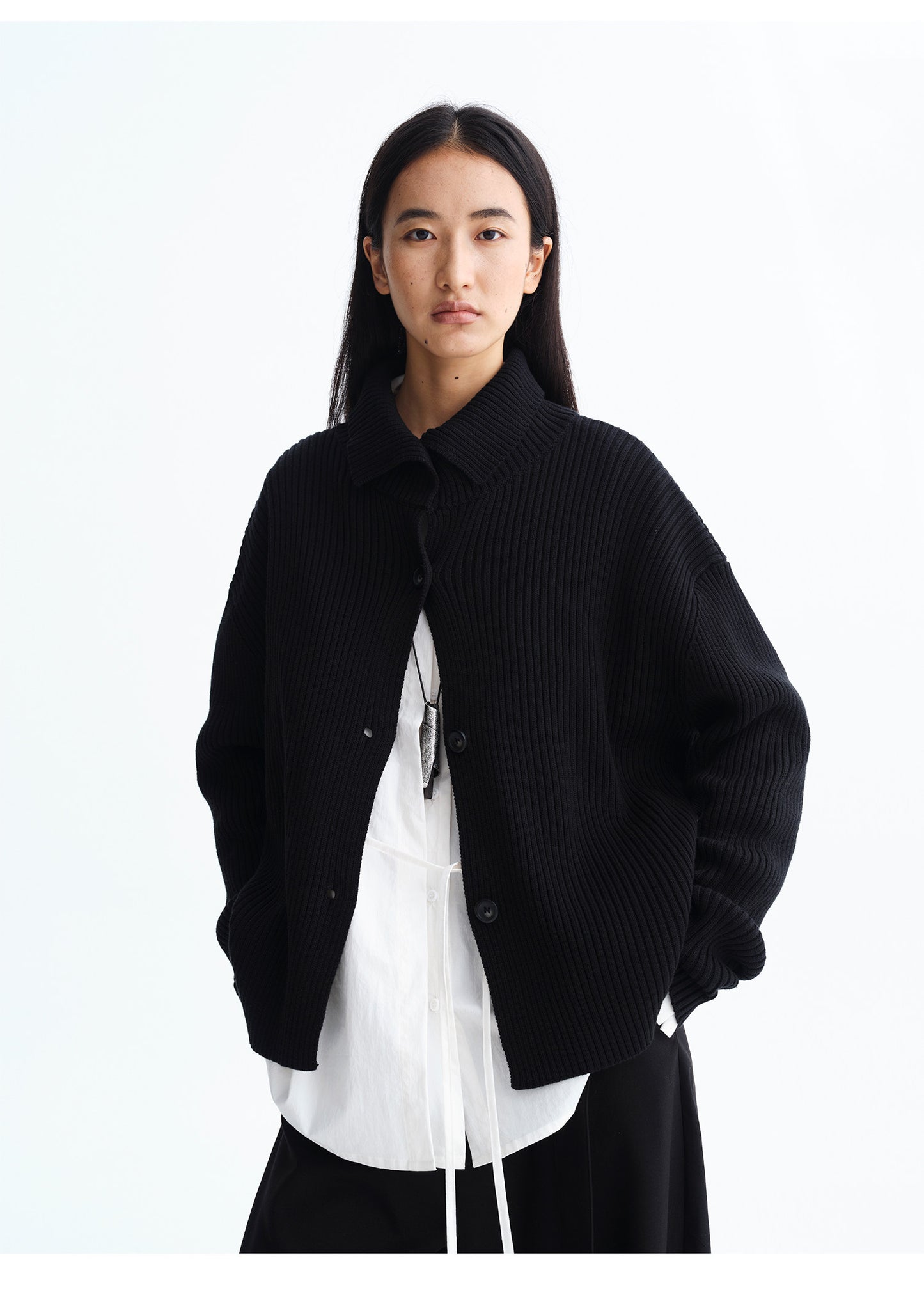 High-Neck Rib-Knit Cardigan