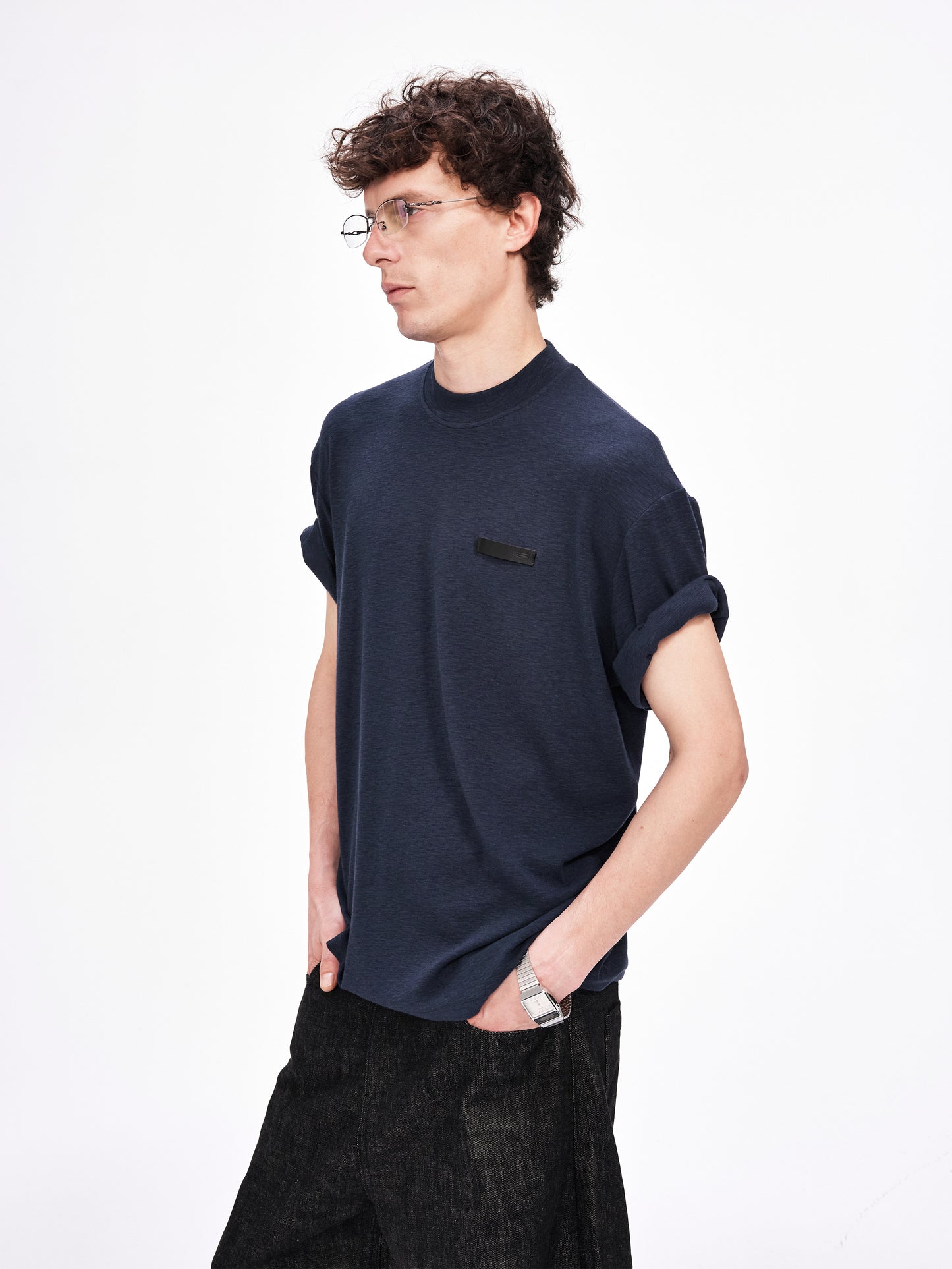 Roll-Sleeve T-Shirt with Leather Label
