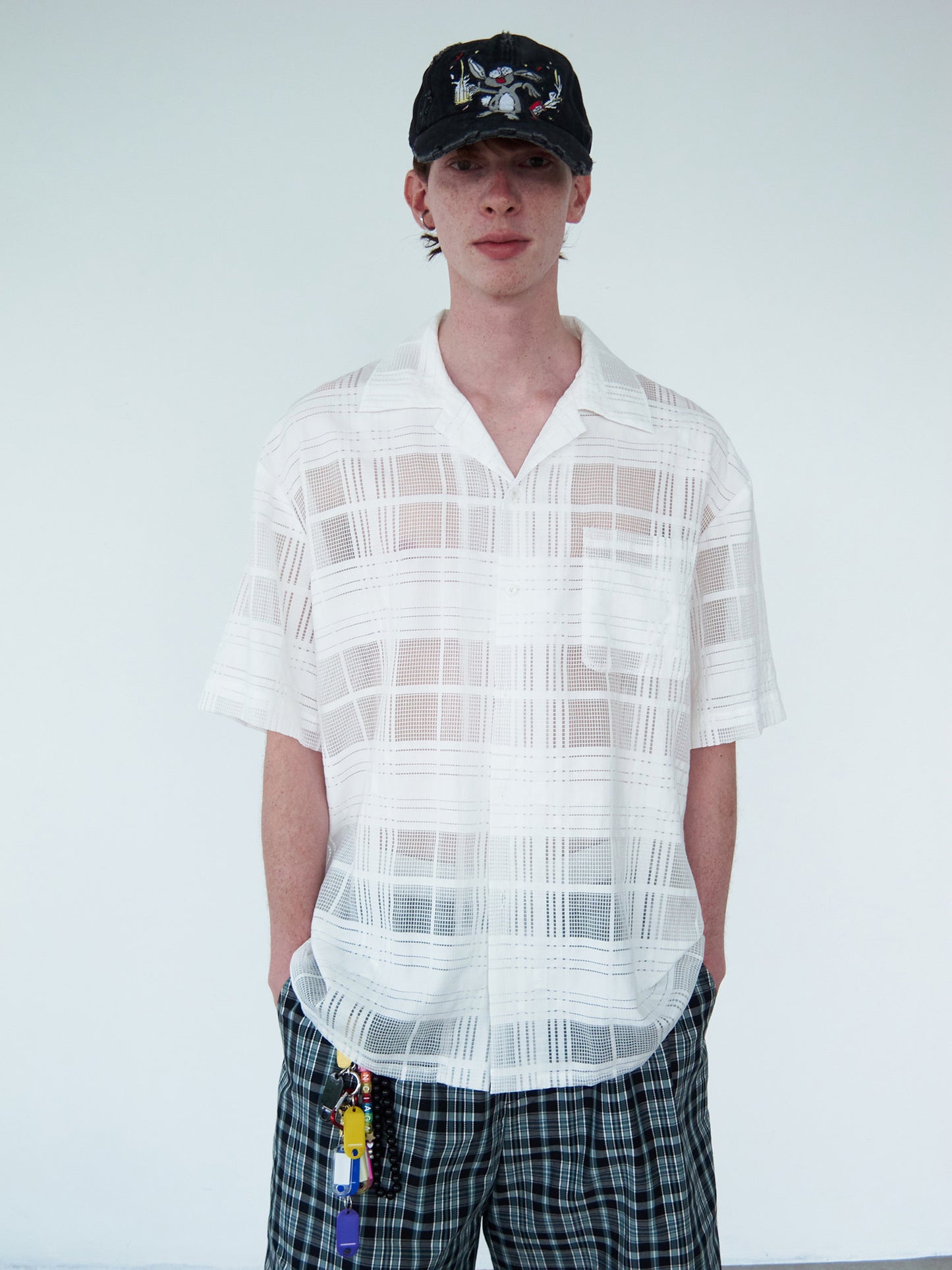 Checkered Cutout Cuban-Collar Shirt