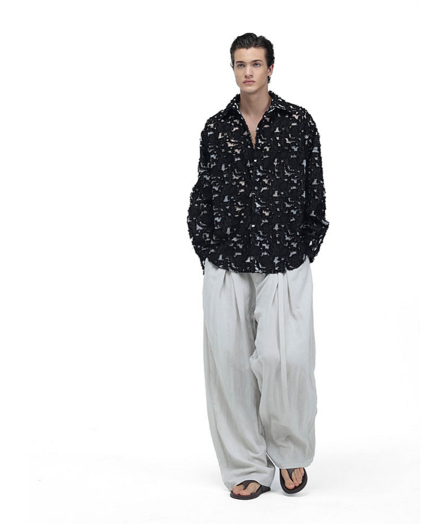 Frayed Edges  Hollow-Weave  Jacquard  Shirt