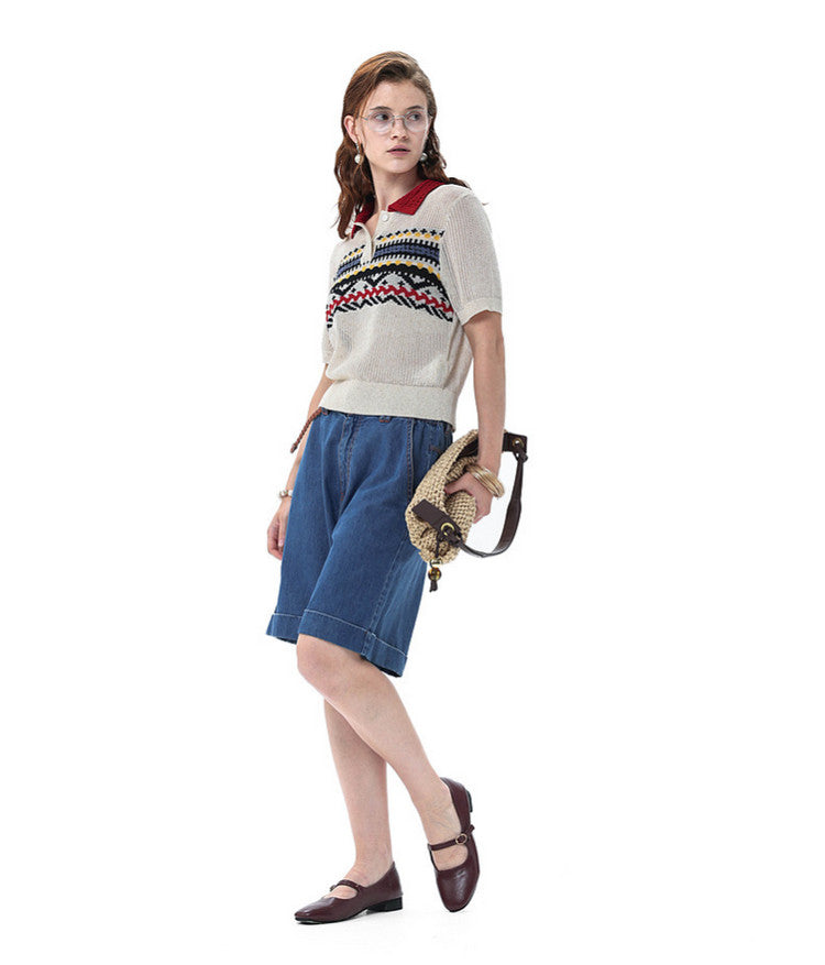 College-Style Polo-Collar Sweater