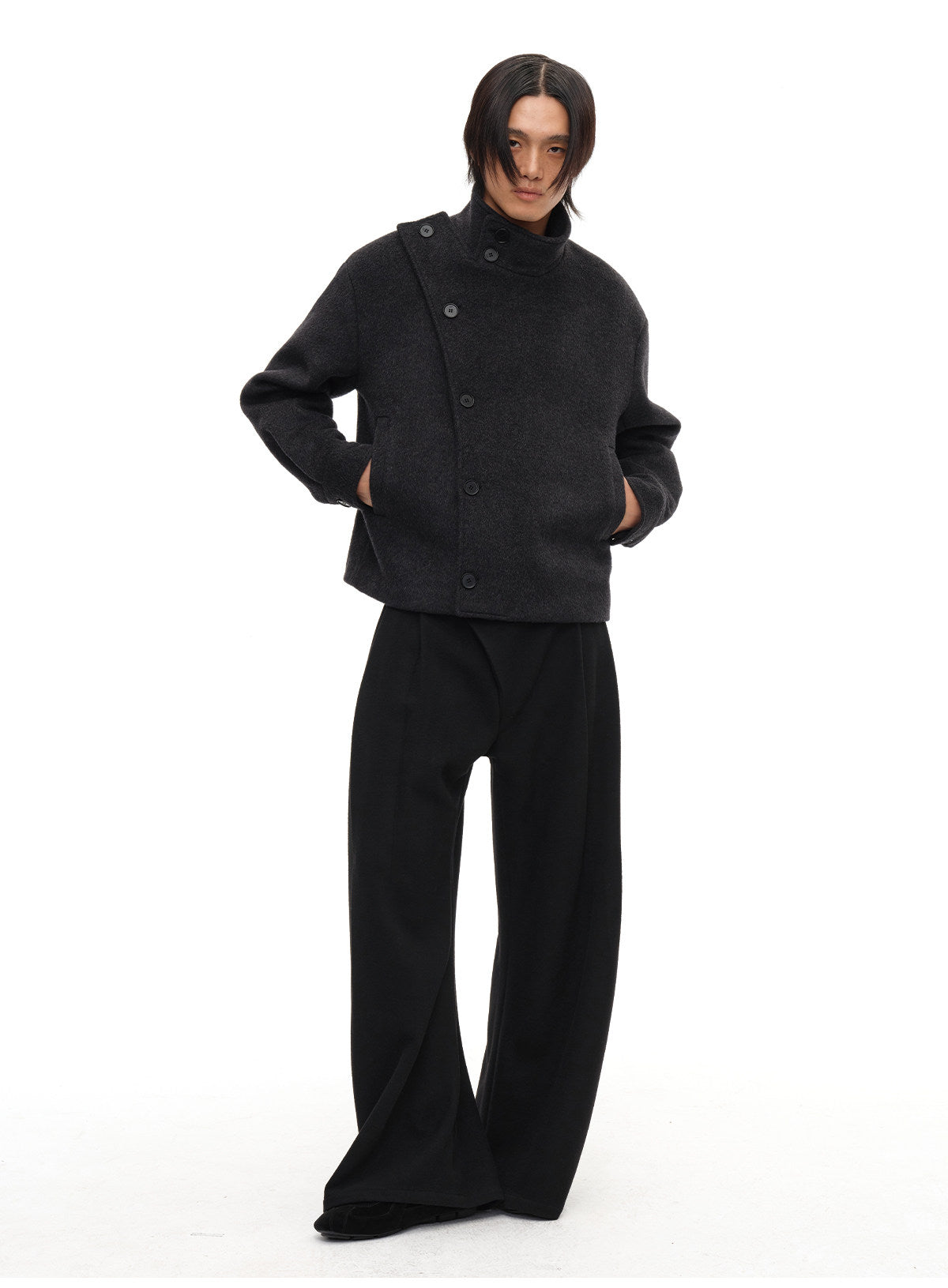 Collar-attached button-down wool jacket