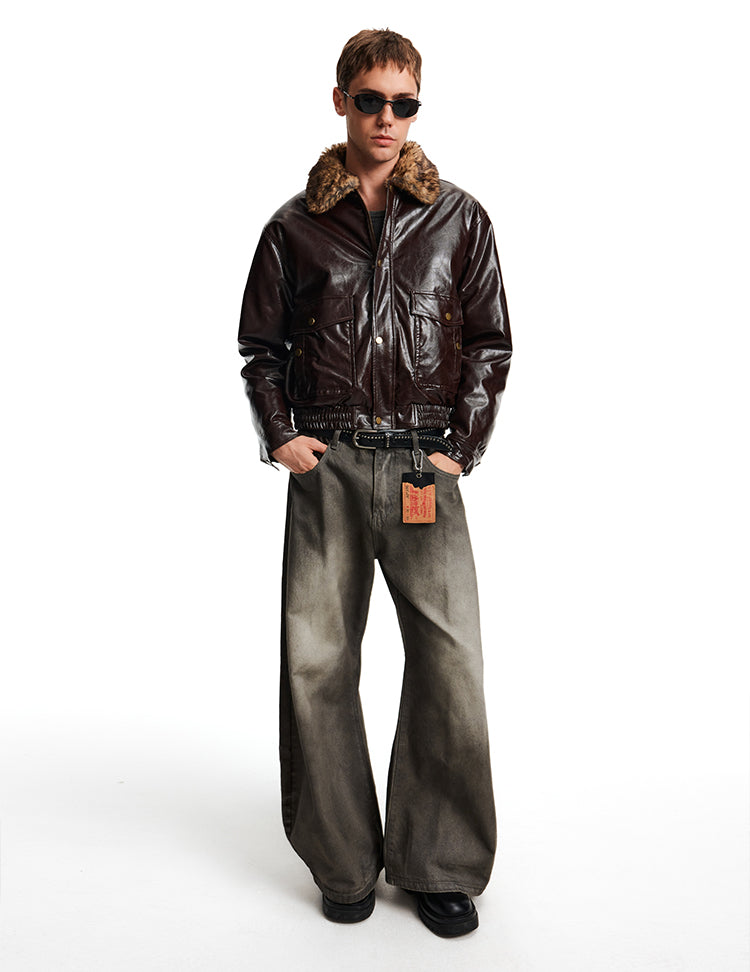 Patchwork Fur Collar Leather Jacket