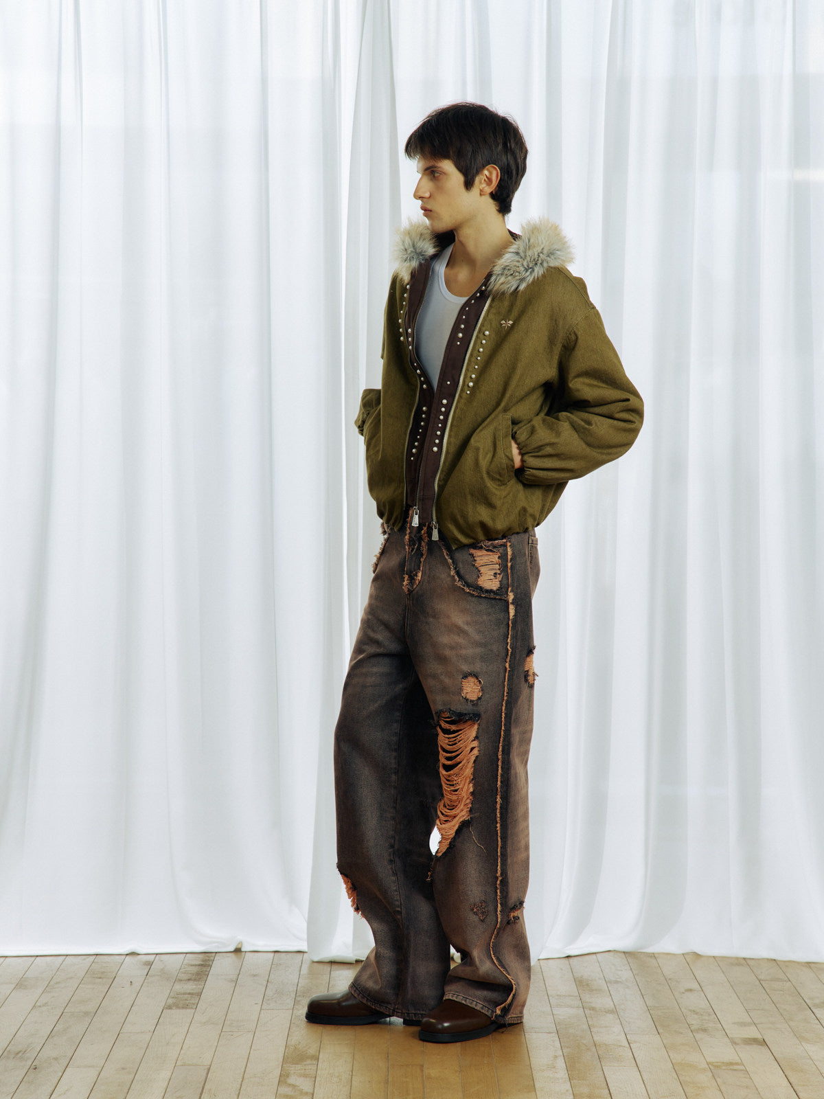 Hand-Distressed Cut Frayed Jeans