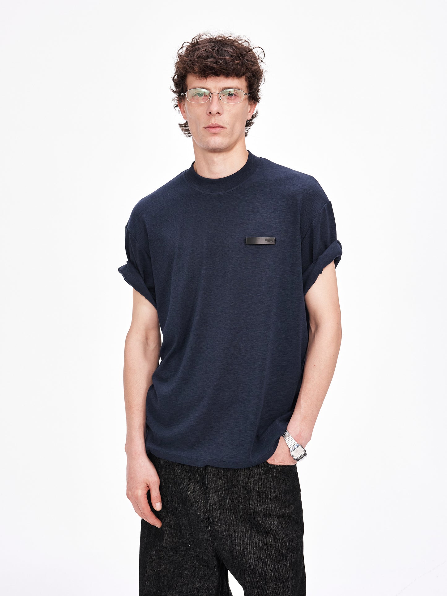 Roll-Sleeve T-Shirt with Leather Label